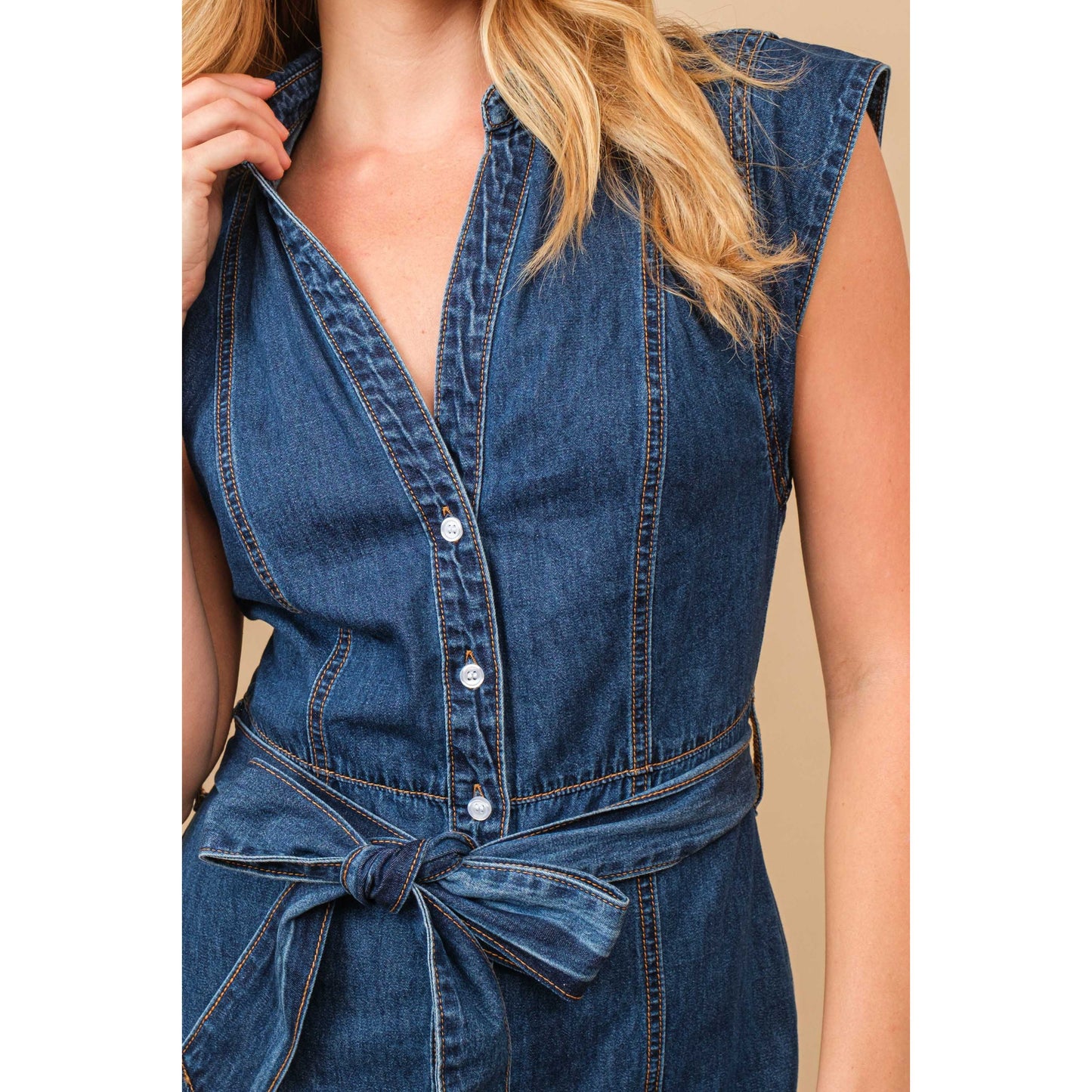 80189D - Belted Button Up Tiered Denim Midi Dress