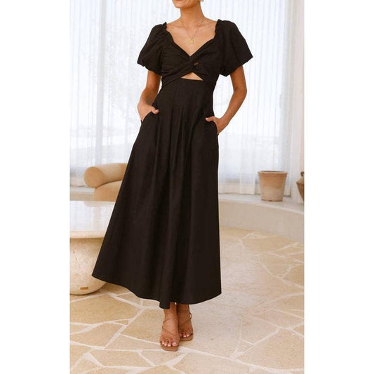 Twist-Front Puff Sleeve Maxi Dress