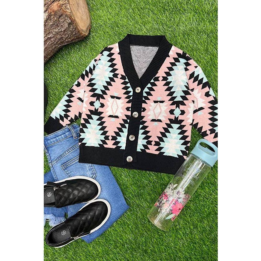 WOMANS PINK, BLUE & BLACK GEOMETRIC SWEATER.