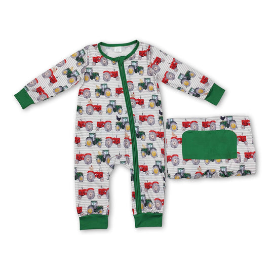 Green red tractor baby boy farm bamboo zipper romper