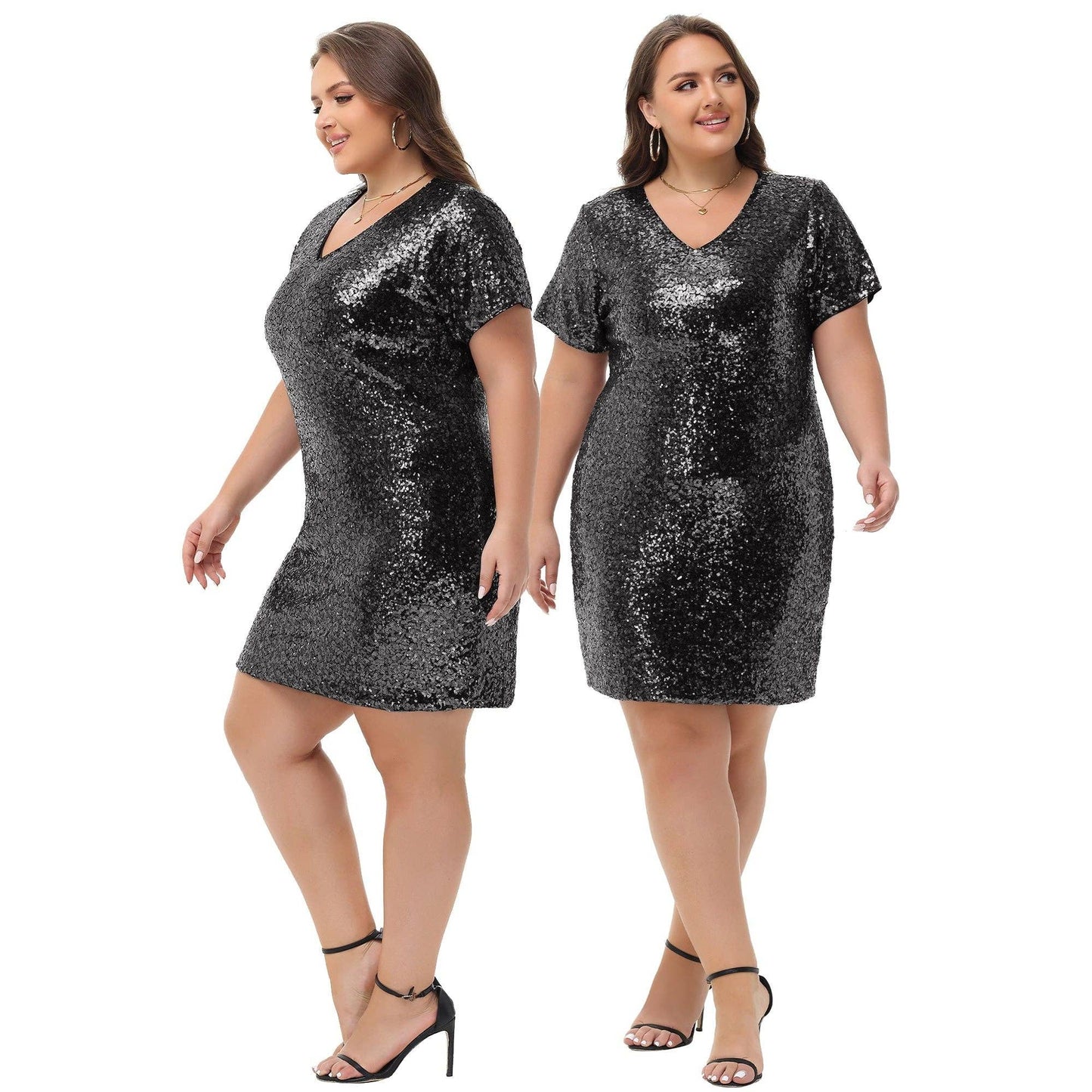 Plus Size Short Sleeve V Neck Sequin Dresses