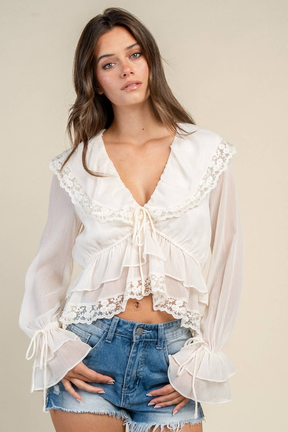 BIB COLLAR BOHO L/S BLOUSE BT3315K