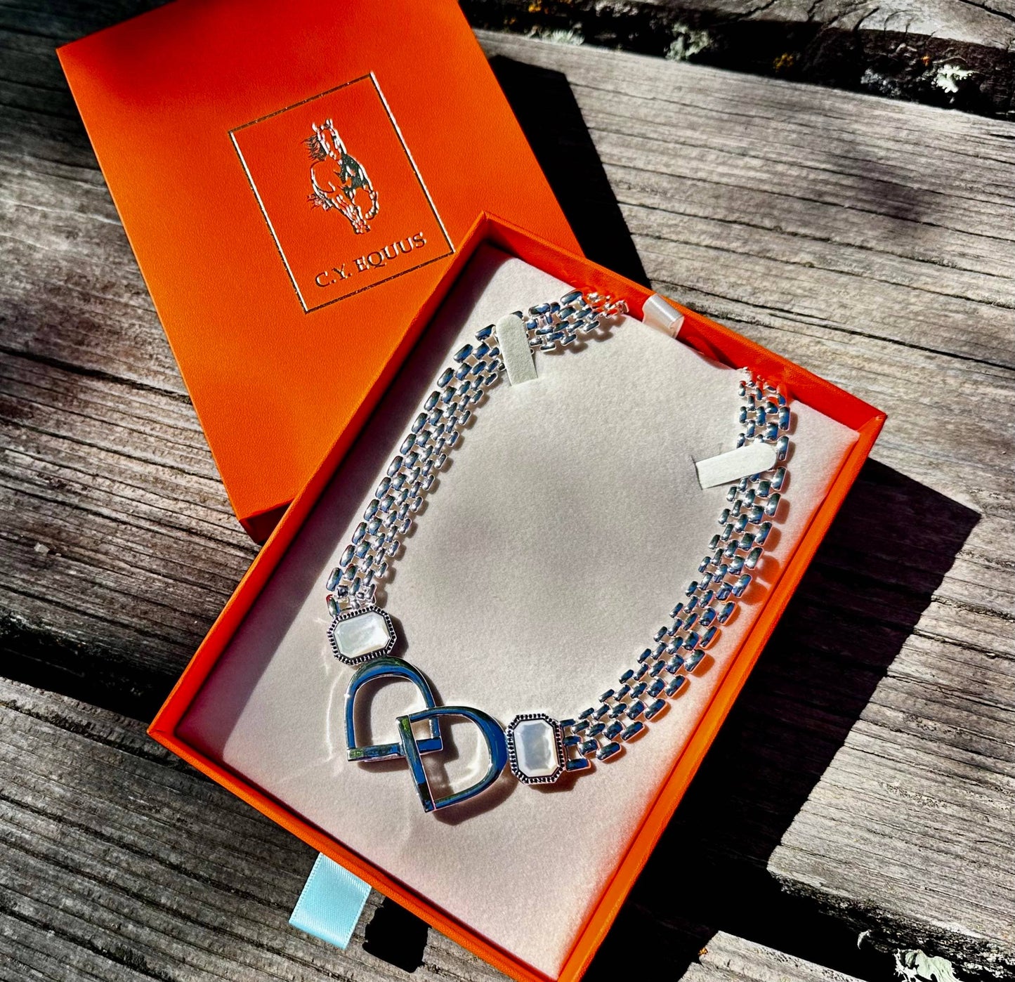 Bold English Saddle Stirrup Necklace Mother of Pearl