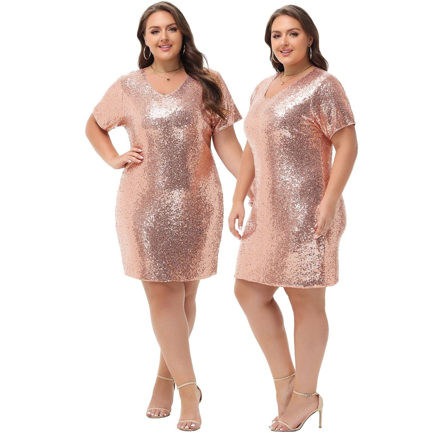Plus Size Short Sleeve V Neck Sequin Dresses