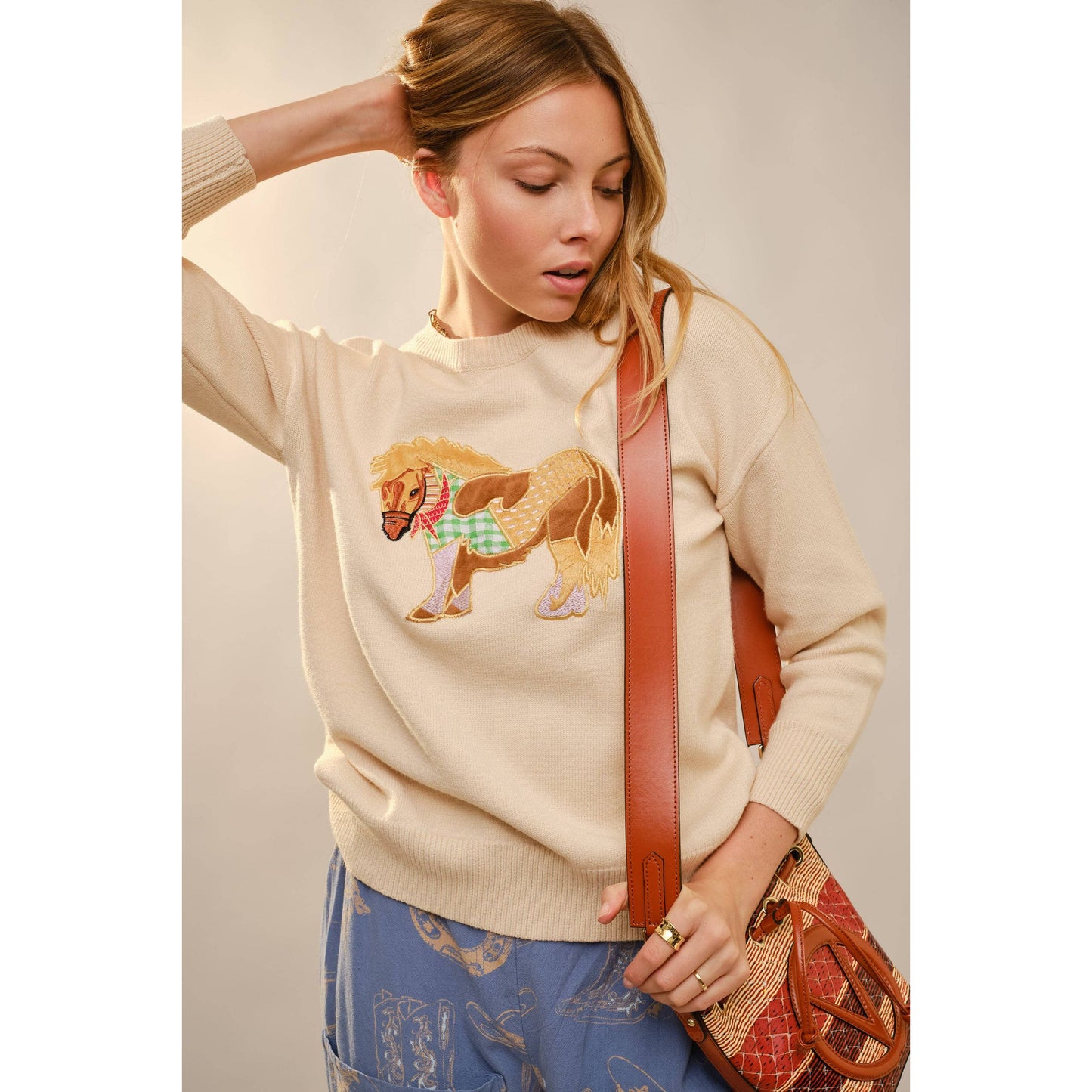 52269W Pony Embroidery Crew Neck Pull Over Sweater