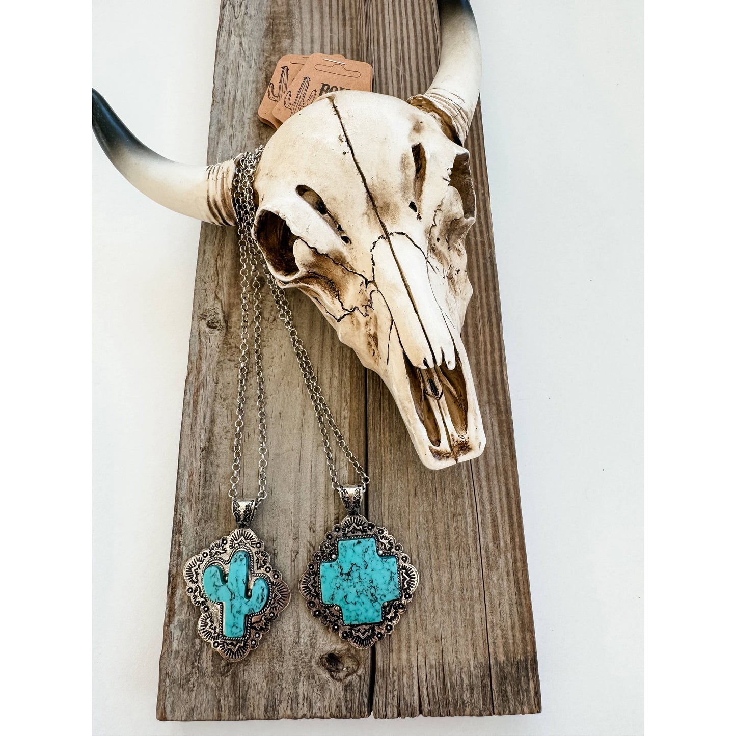 Western Stone Pendant Necklace - Cactus / Cross