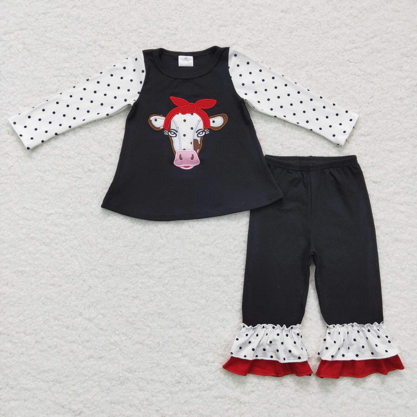 Cow Embroidery Tunic Ruffle Pants Children Clothing Set