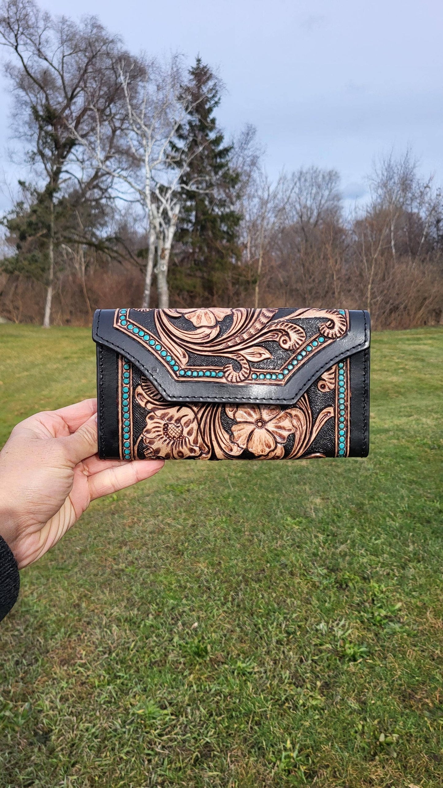 Handcrafted Leather Cowhide Wallet  Tooled Turquoise