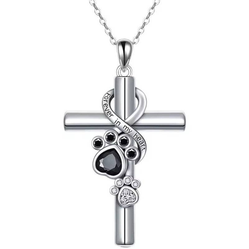 Infinity Paw Print Cross Necklace in 925 Sterling Silver