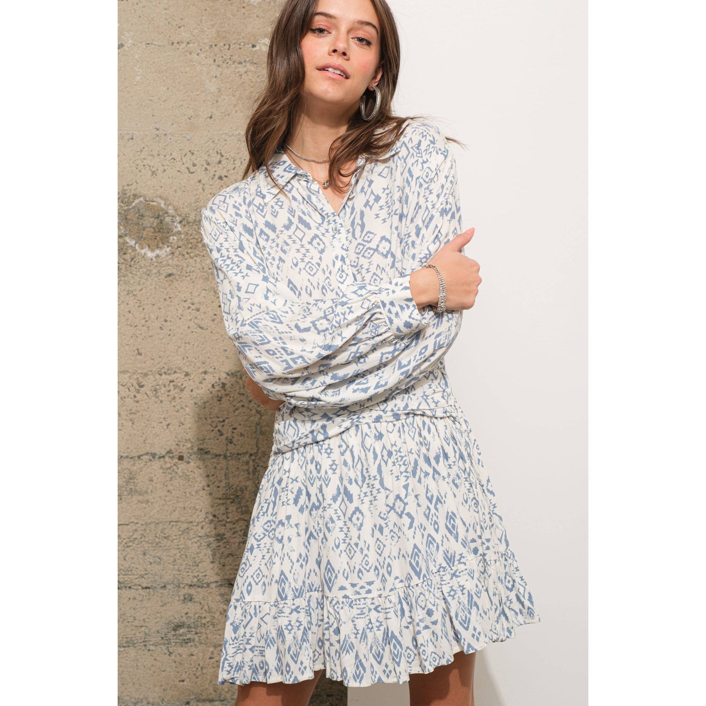34940D - Ikat Aztec Print Button up Ruched Waist Shirt Dress