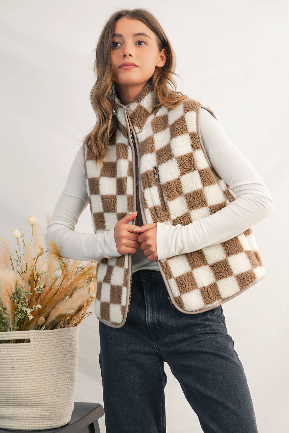 Checkered Collared Sherpa  Jacket Vest