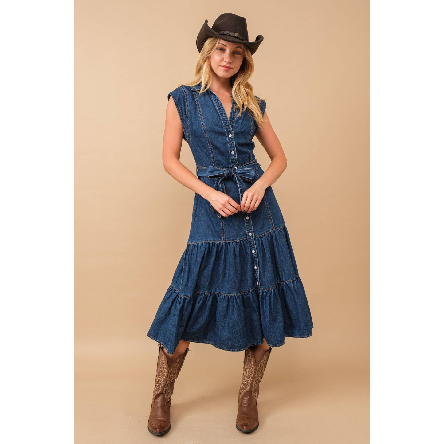80189D - Belted Button Up Tiered Denim Midi Dress