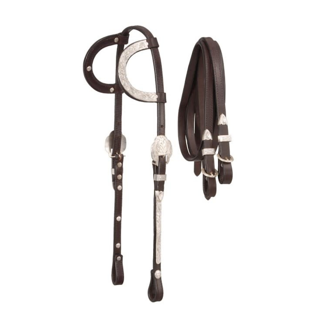 Tough 1 - Dark Oil Royal King Silver Plated Double Ear Headstall & Split Reins Show Set 18-857