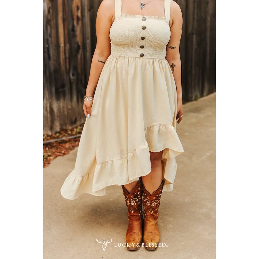 Ivory Hi Low Ruffle Western Button Down Thick Strap Dress