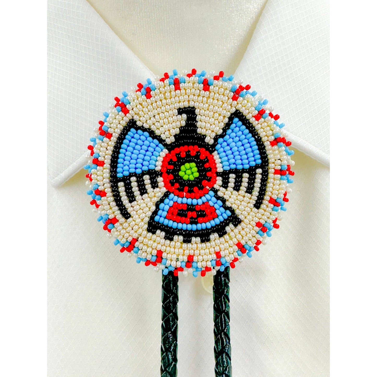 Handmade Cream Thunderbird Leather Bolo Tie with Beading, Adjustable Necklace Cord
