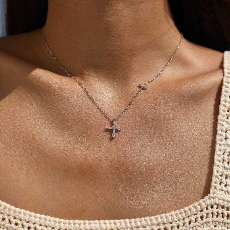 Dual Pavé Moissanite Cross Necklace in 925 Sterling Silver