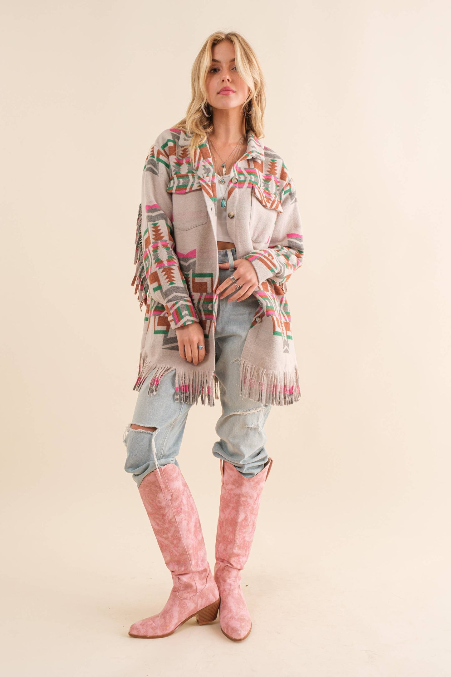 34200J - Blue B Exclusive Aztec Button Up Shirt Jacket