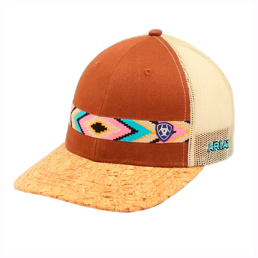 Ariat - Brown & Cork Pattern With Embroidered Aztec Detailing Snap Back Ladies Ball Cap A300018008