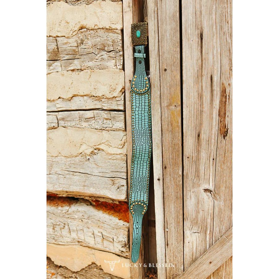Turquoise Gator Leather Gold Studded Wide Concho Buckle Belt