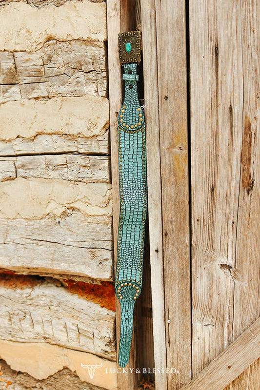 Turquoise Gator Leather Gold Studded Wide Concho Buckle Belt