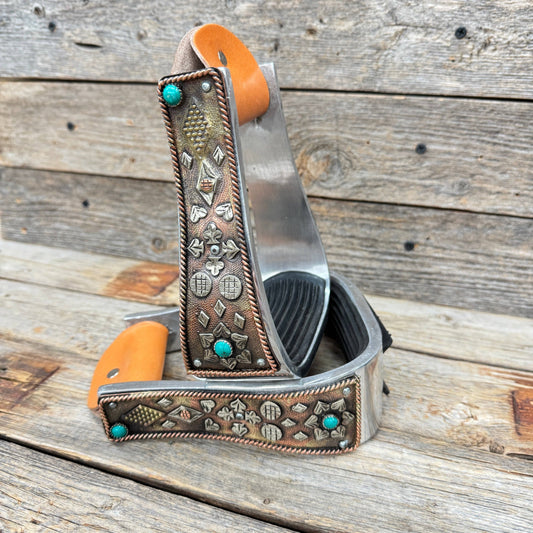 Rodeo Drive - Hand Engraved Copper and Turquoise Barrel Racing Western Stirrups BRS100