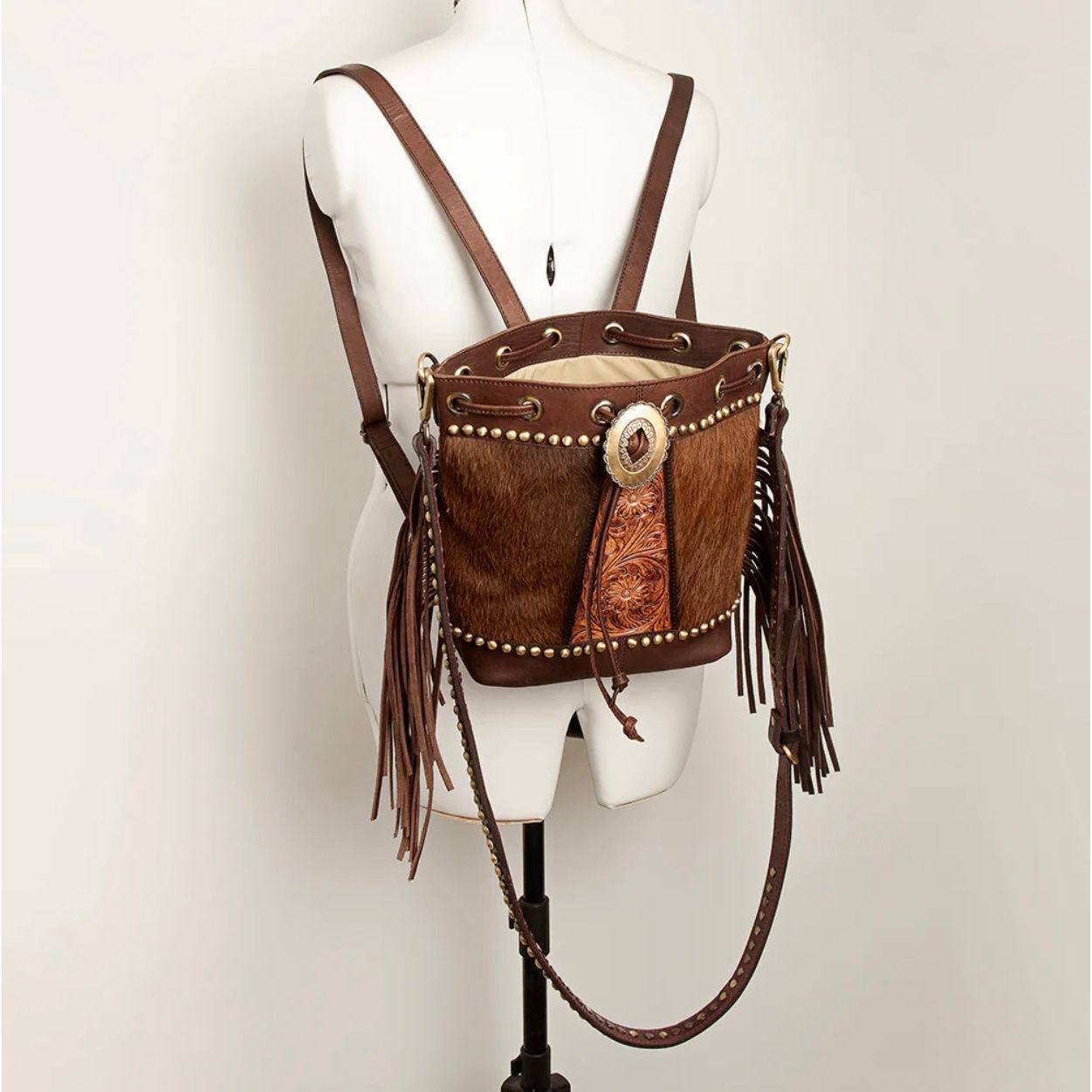 American Darling Bucket Hand Tooled Hair-On Genuine Leather Women Bag Western Handbag Purse ADBGI149