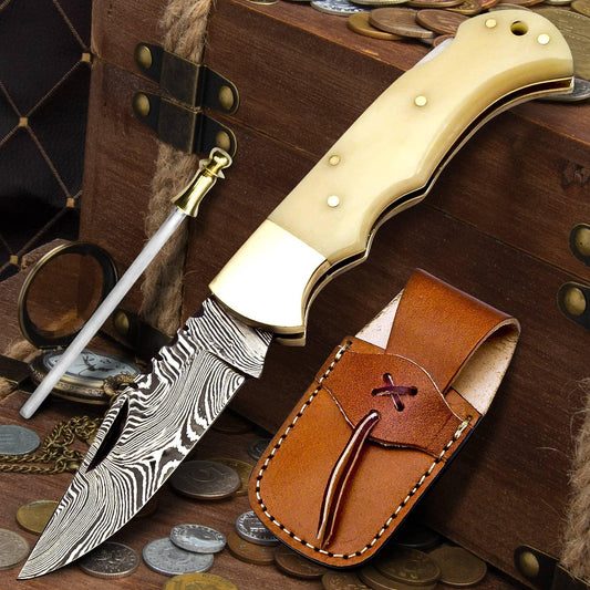 FH KNIVES - 6.5' Handmade damascus folding knife, Pocket Knife