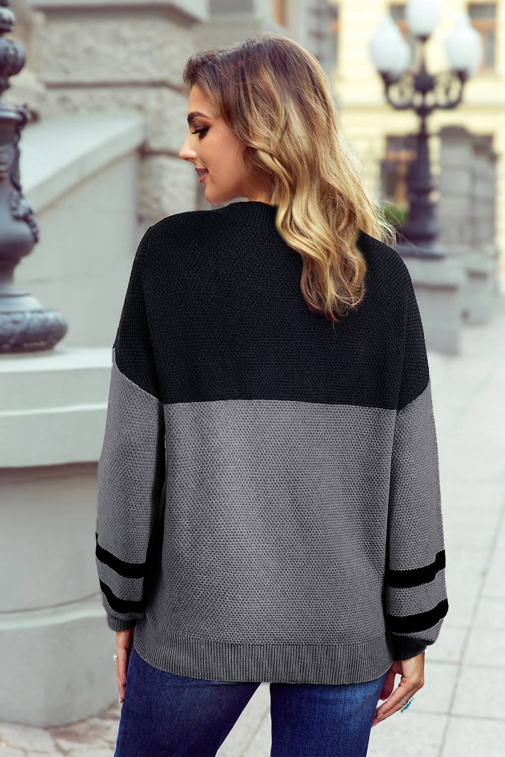 Color Block Knit Striped Sleeve Detail Casual Sweater