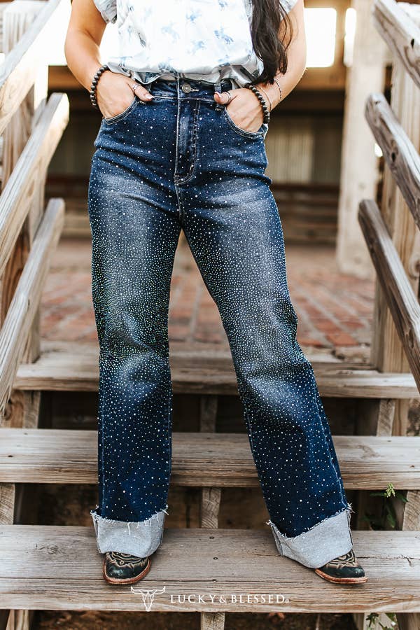 Dark Wash Stretch Denim Detail Cuffed Wide Leg Jeans