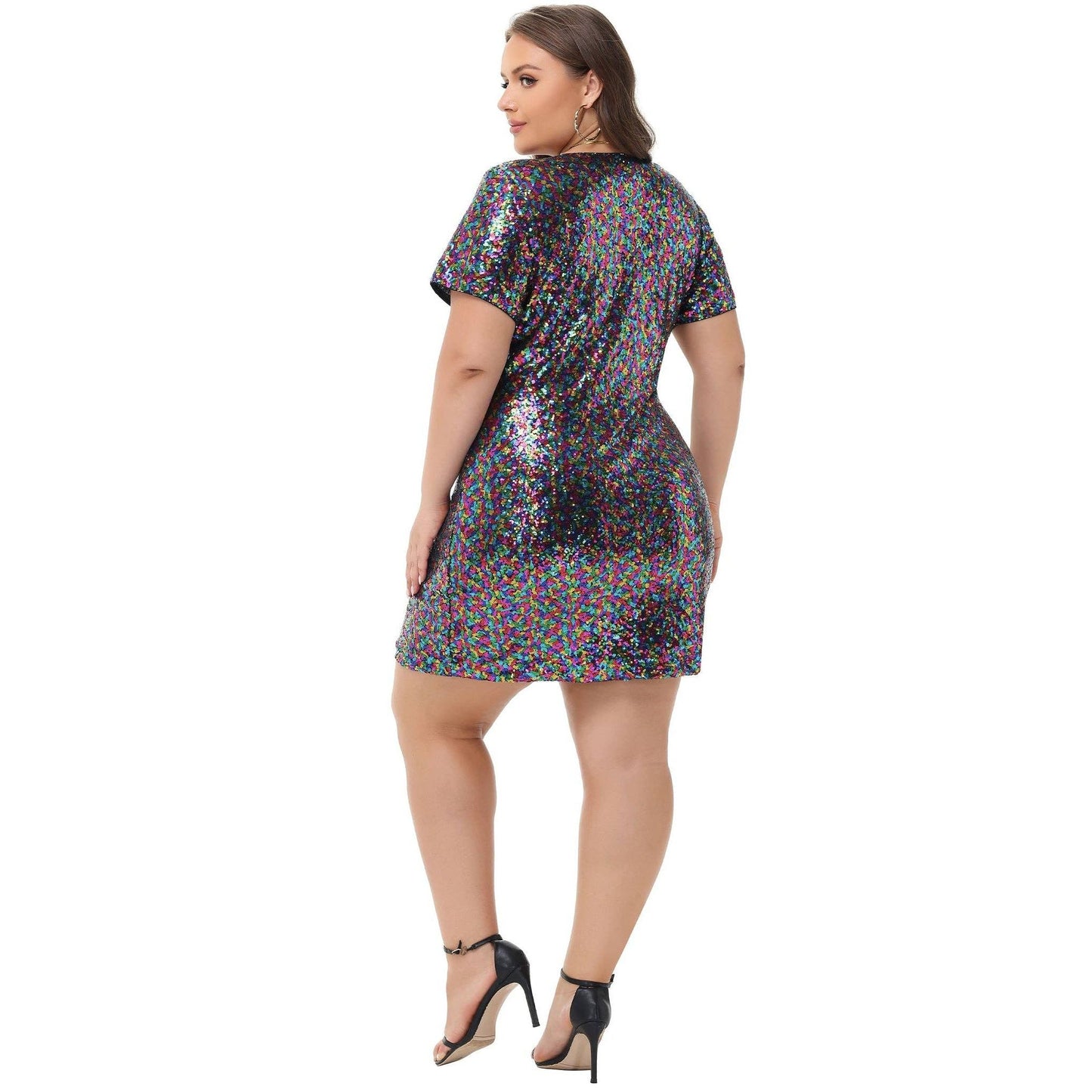Plus Size Short Sleeve V Neck Sequin Dresses