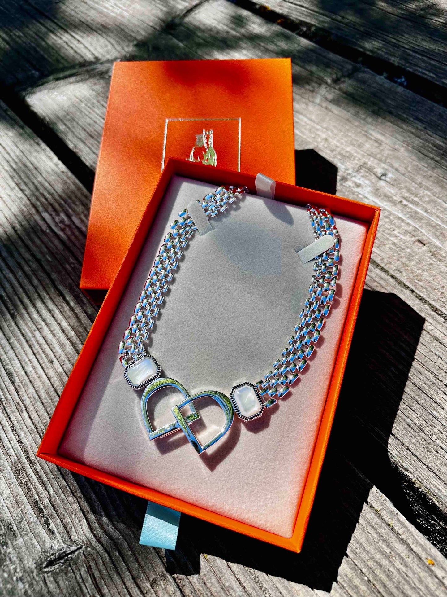 Bold English Saddle Stirrup Necklace Mother of Pearl