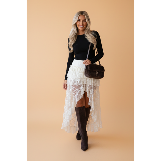 PRETTY BASH Sheer Lace Ruffle Tiered High-Low Skirt