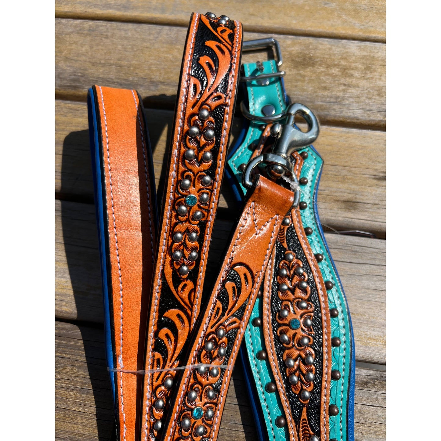 Western Tooled Leather Fancy Dog Leash Blue Padded Handle