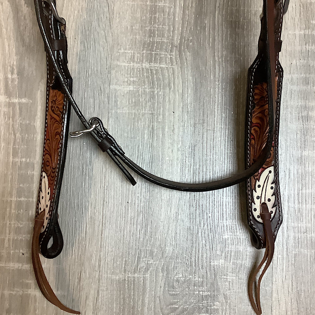 American Darling - Floral & Feather Carved Chocolate Brown & Tan Leather Headstall