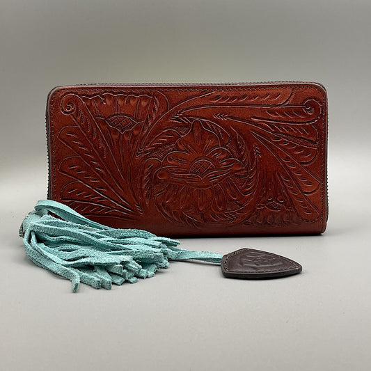 Ariat -  Carved Leather With Turquoise Tassel Wallet A770010608