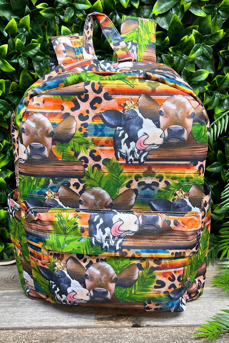 Western Multi Cow on Leopard Printed Small Kids Backpack