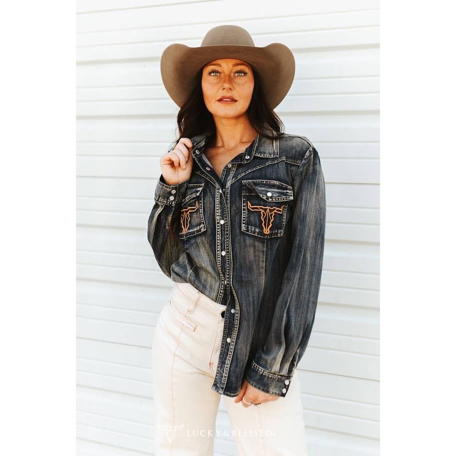 Lucky & Blessed, Vintage Denim Wash Cowskull Embroidered Shirt