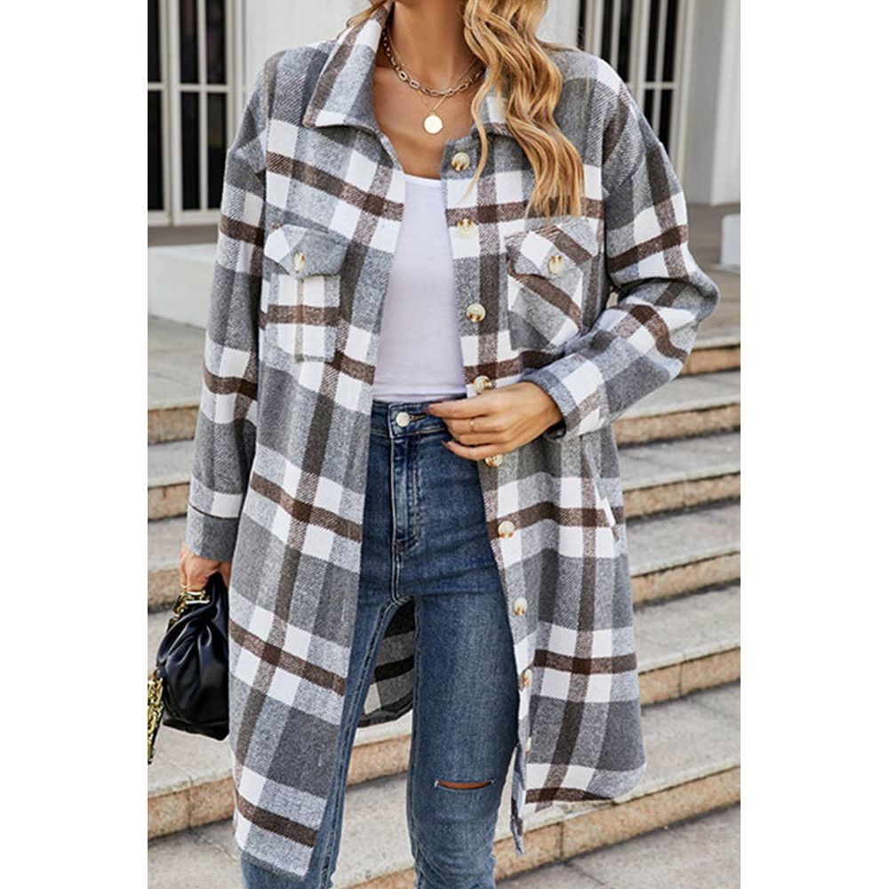 Long Plaid Coat Striped Button Up Side Poacketed Jacket