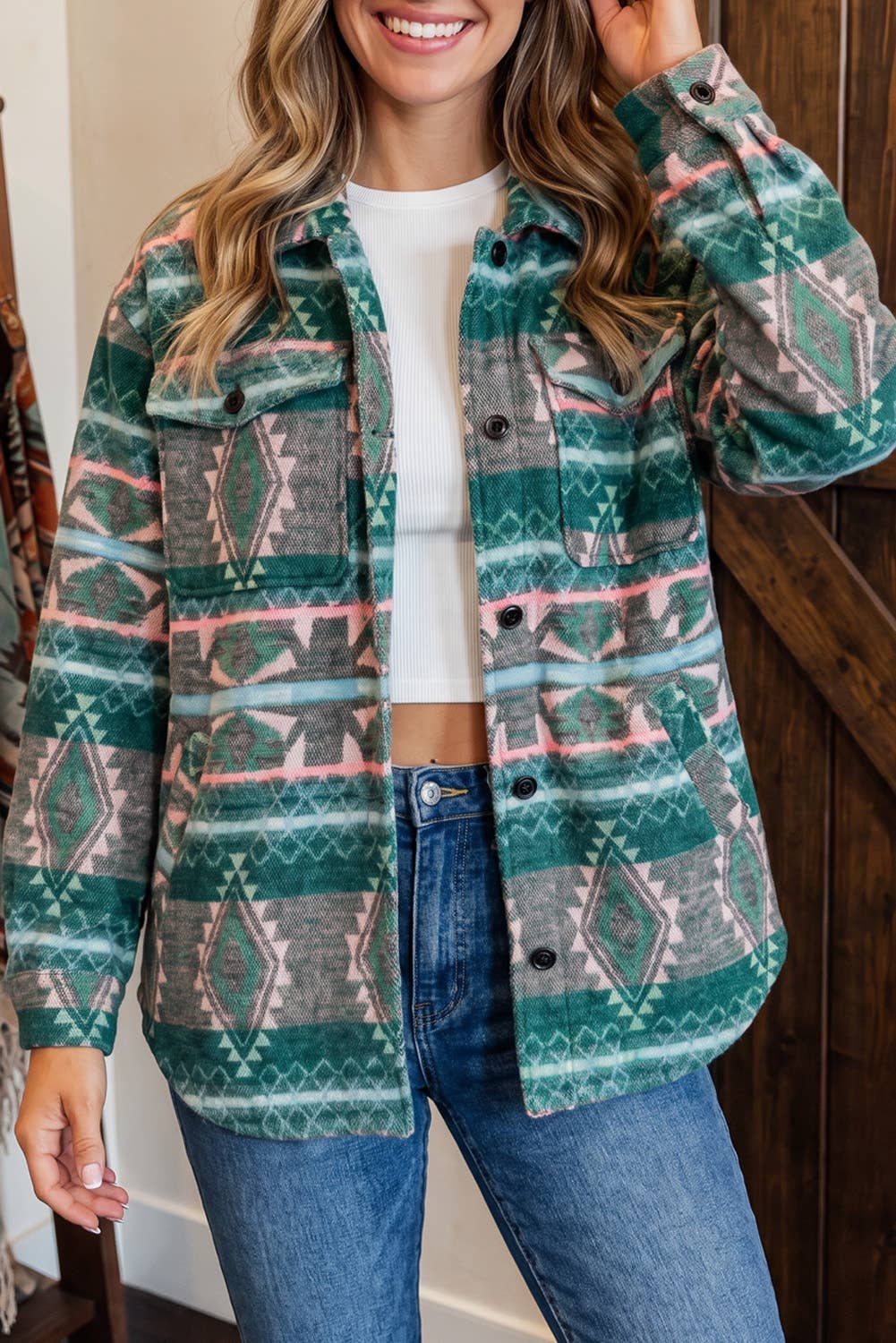 Geometric Print Button Front Long Sleeve Shacket