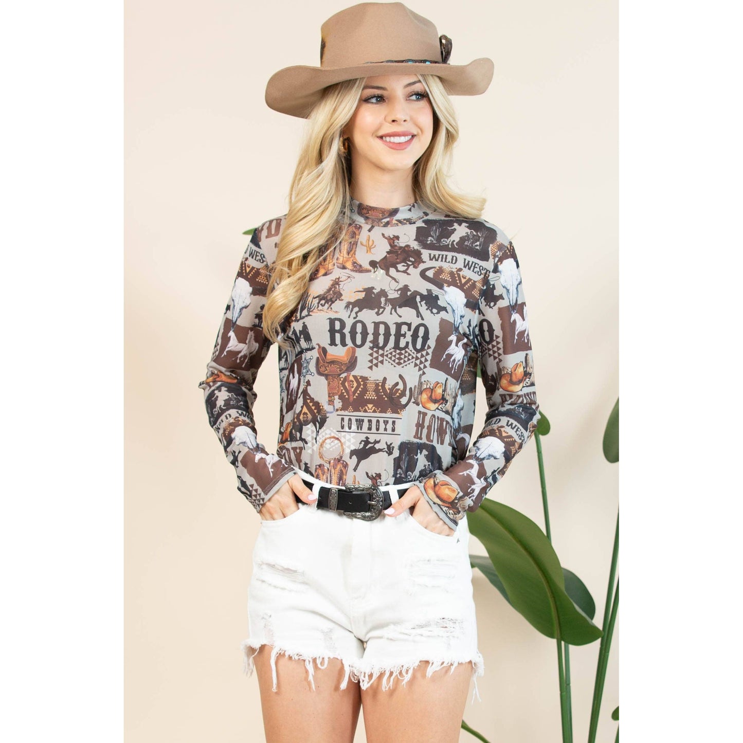 AV1230-AUBREY-6169 WESTERN RODEO SEMI SHEER MESH TOP