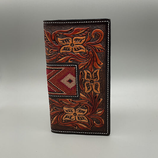 Twisted X - Brown Tooled Leather with Beaded Accent Checkbook Cover/Rodeo Wallet XH-248R