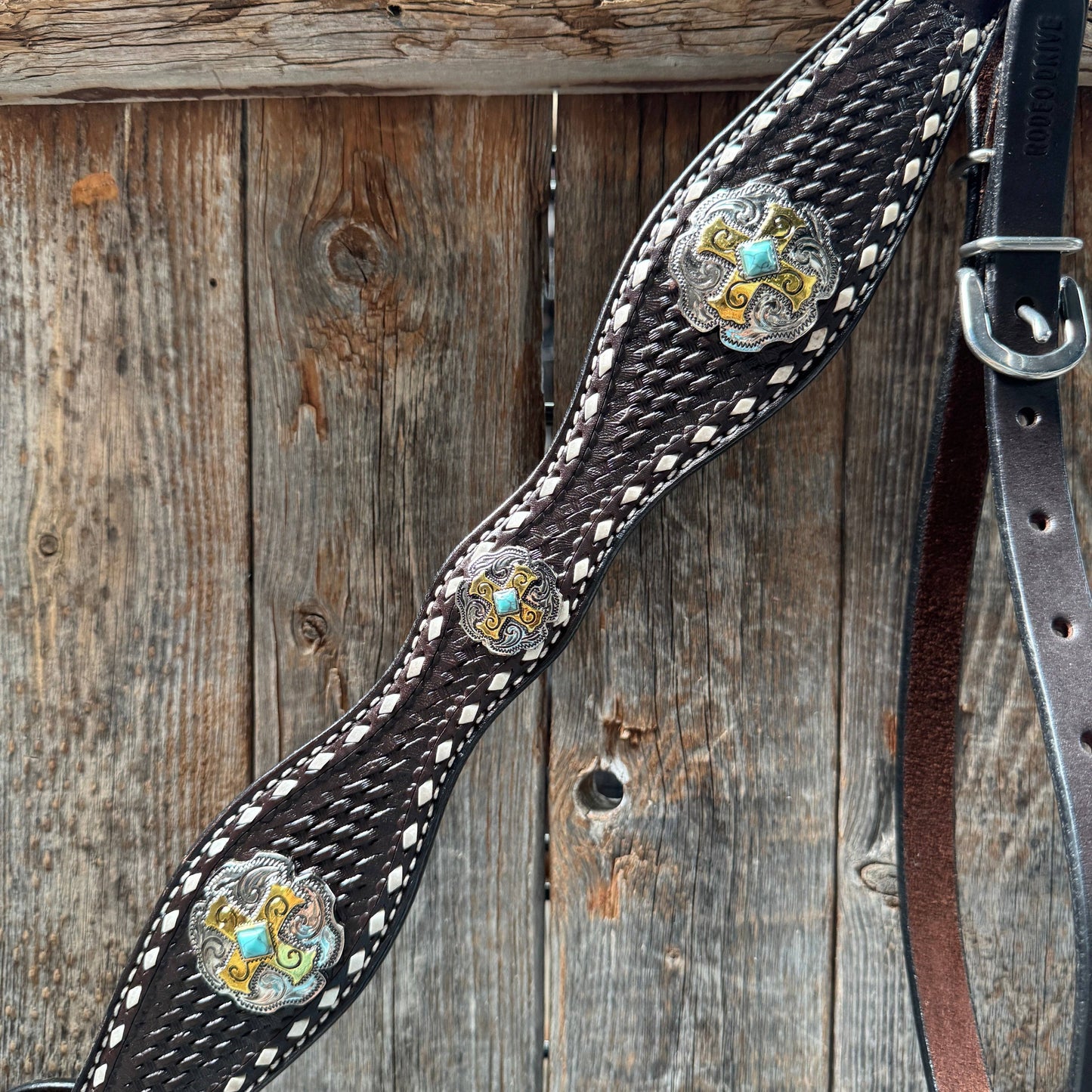 Rodeo Drive - Dark Oil Buckstitch Gold Cross Browband/One Ear and Breastcollar Tack Set #BBBC401