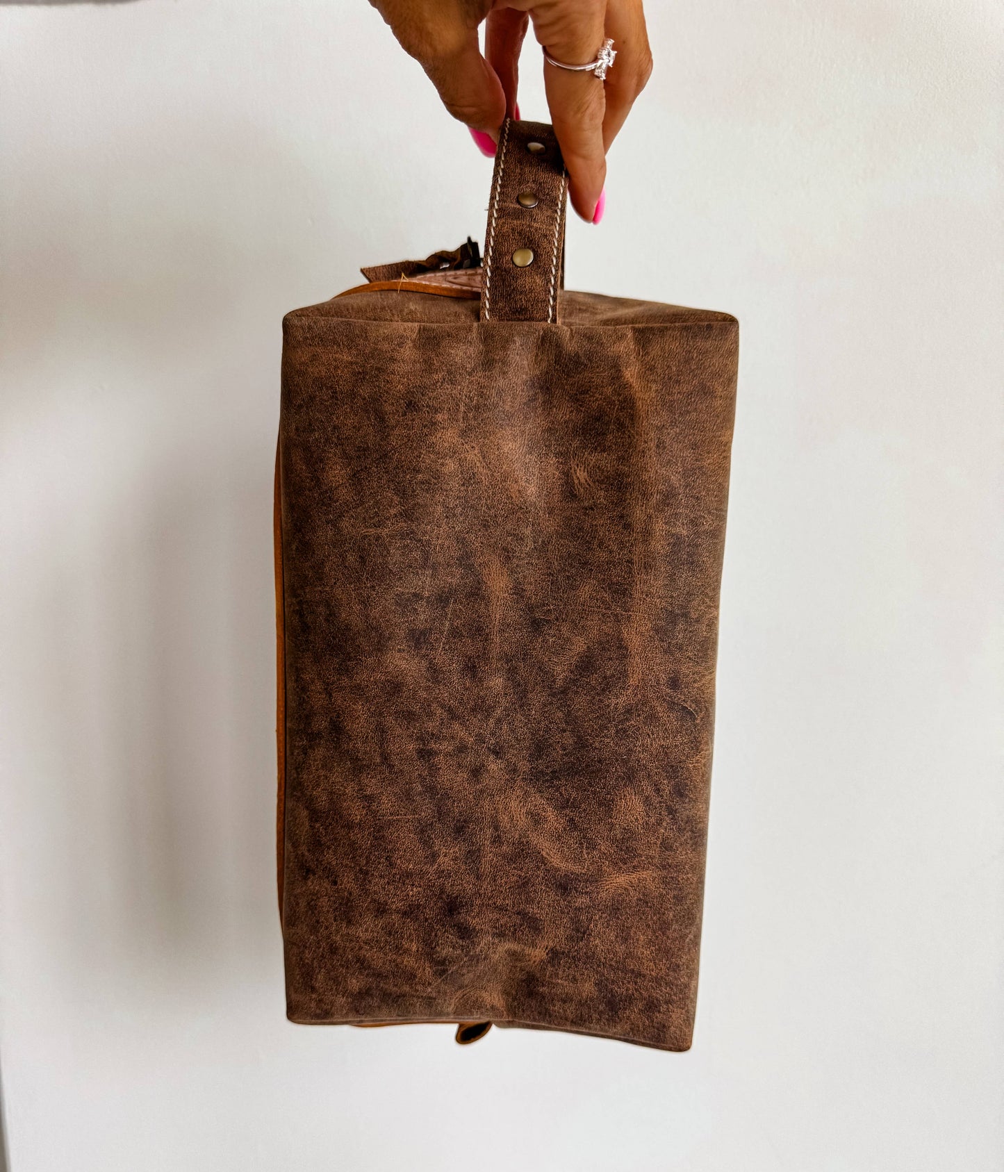 Boot Stitch Handtooled  Leather Toiletry Makeup Shaving Bag