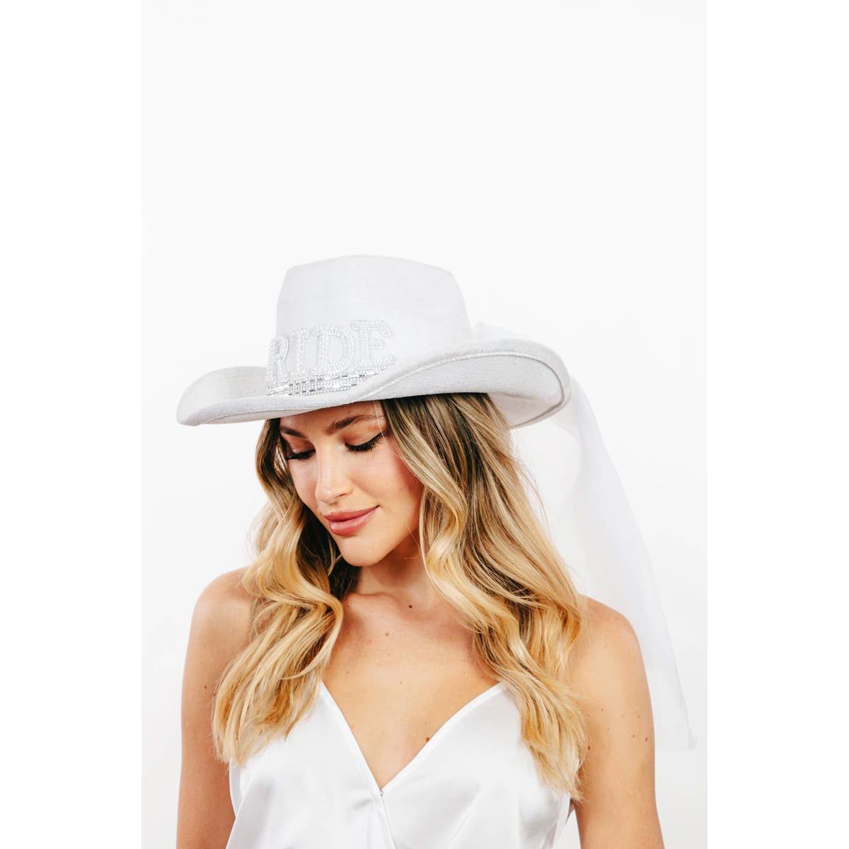 Pearl Rhinestone Stud Ribbon Bride Western Cowboy Hat