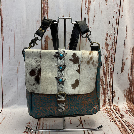 Myra Bag- Blue Rose Leather & Hairon Brown & White Hide Handbag S-3954