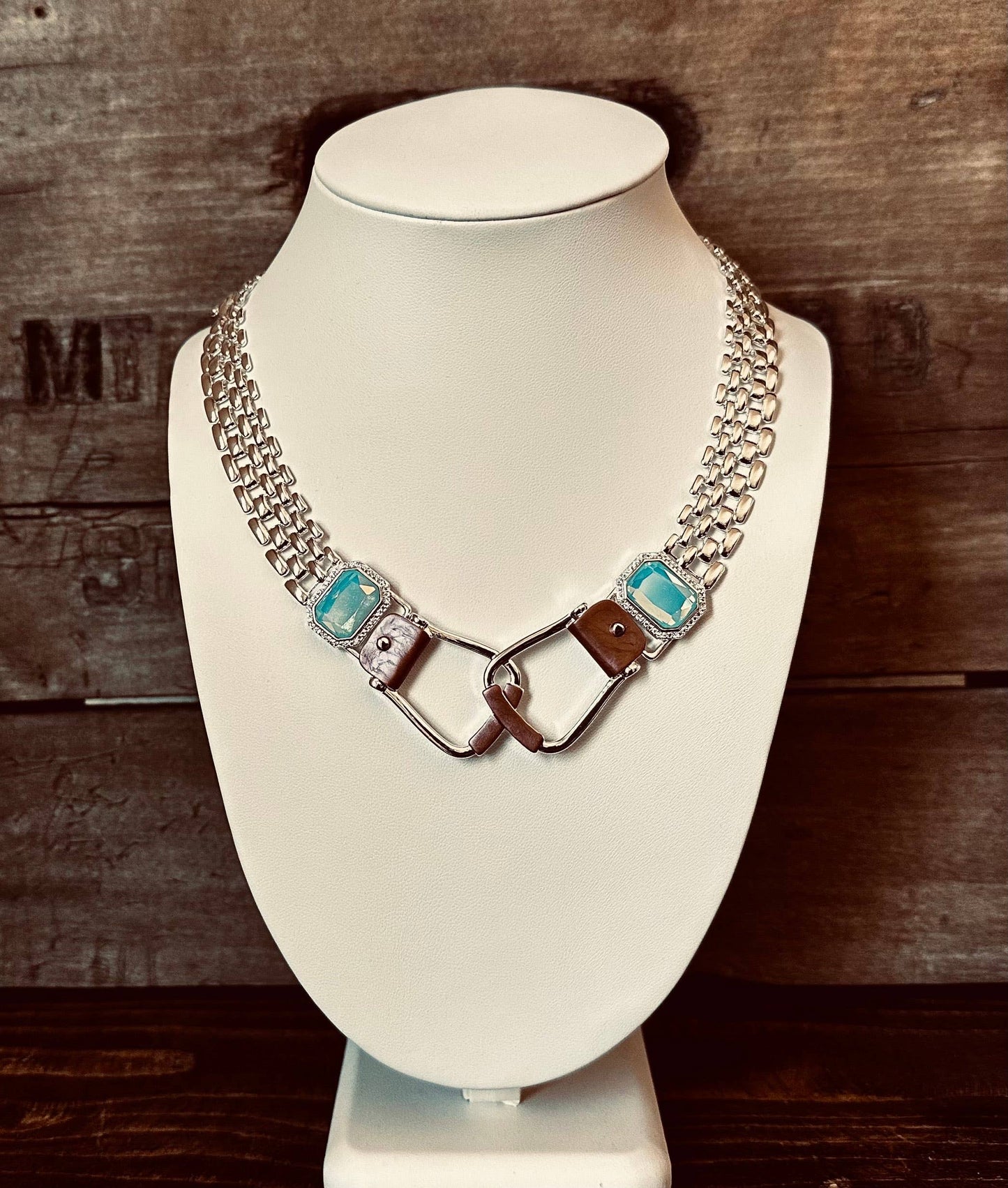 Bold Western Saddle Stirrup Necklace Aqua stone