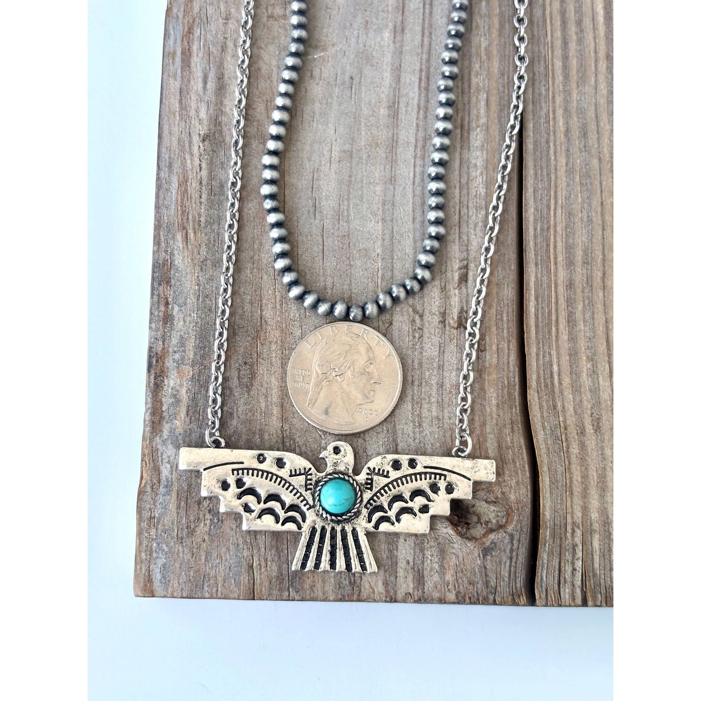 2 Layered Navajo Pearl & Thunderbird Pendant Chain Necklace