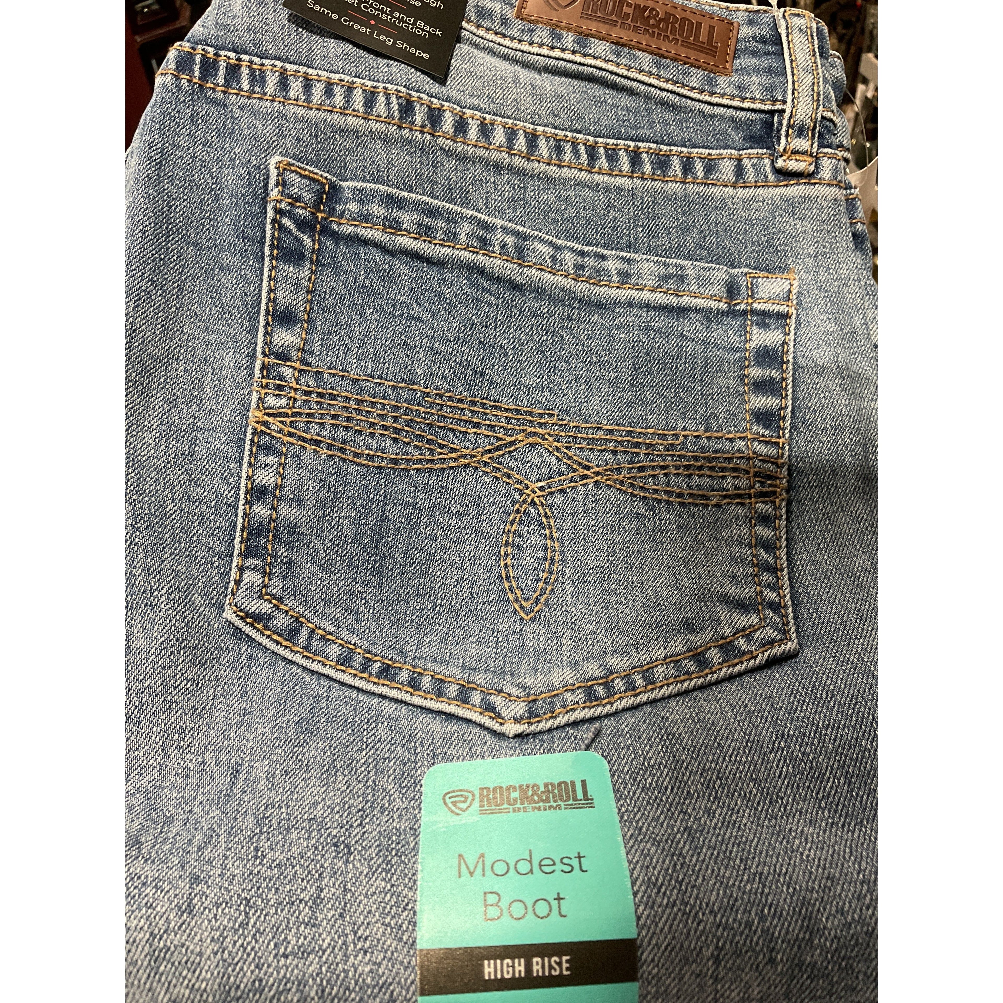 * Rock & Roll Ladies Jean, Med Wash, Raw Side Seam, High Rise, Modest Boot BW1HD06035