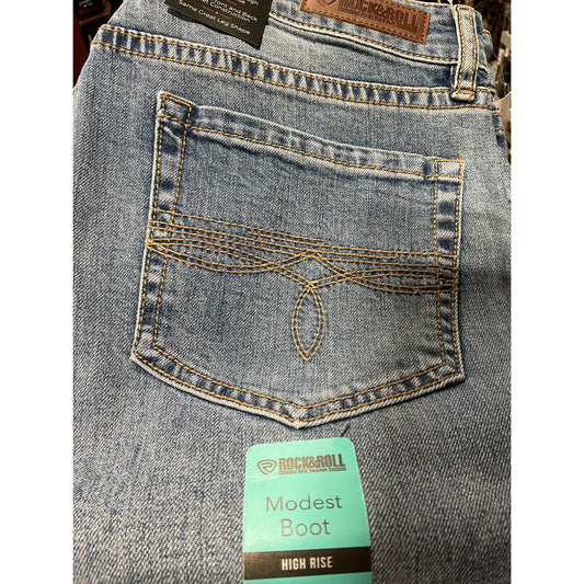 * Rock & Roll Ladies Jean, Med Wash, Raw Side Seam, High Rise, Modest Boot BW1HD06035
