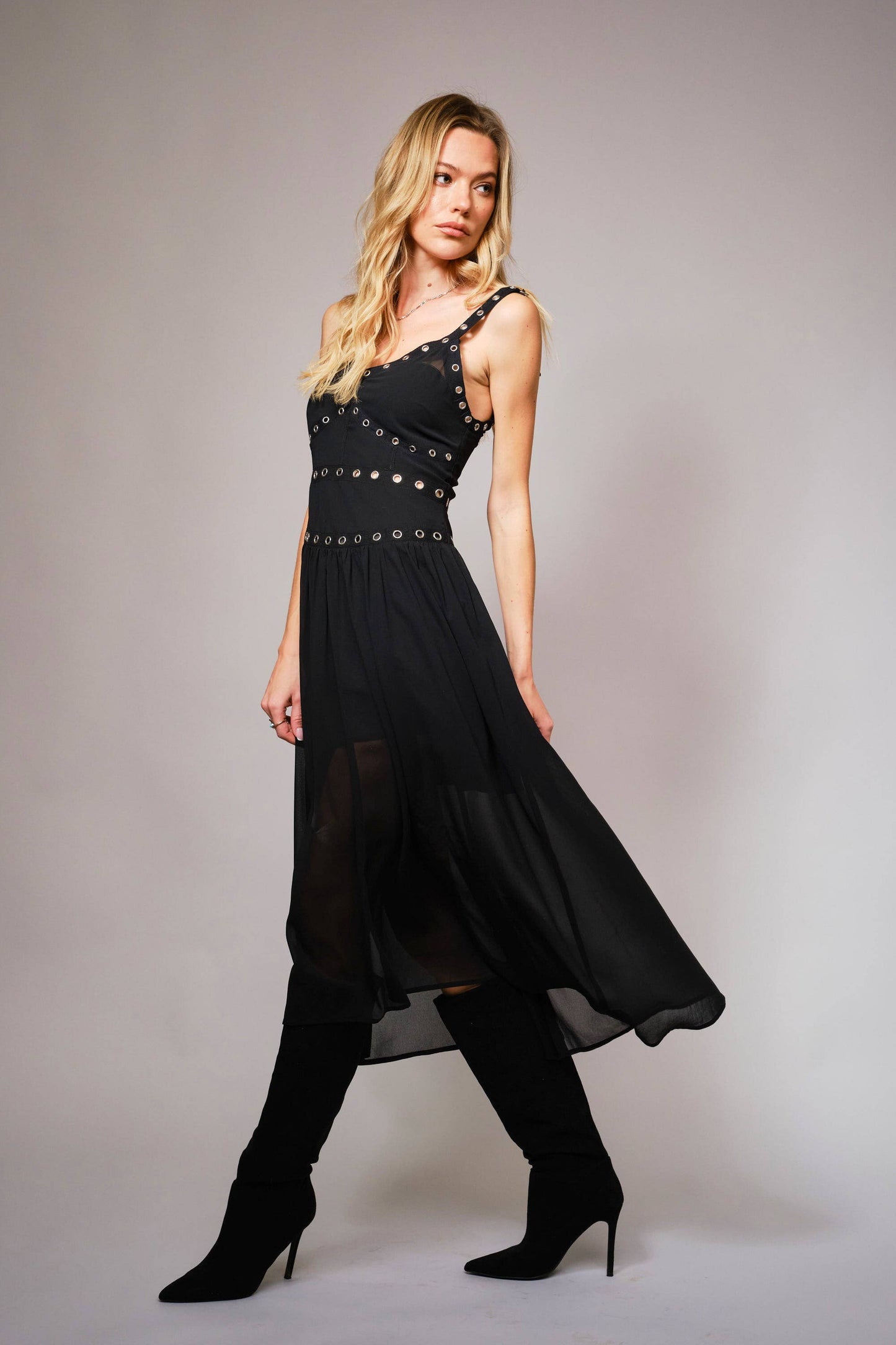 23369D - Chiffon Grommet Eyelet Trim Detailing Midi Dress